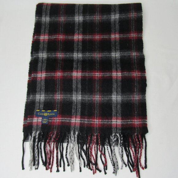 Club Room Black Red Check 100% Cashmere Scarf Fringe End - Picture 2 of 9